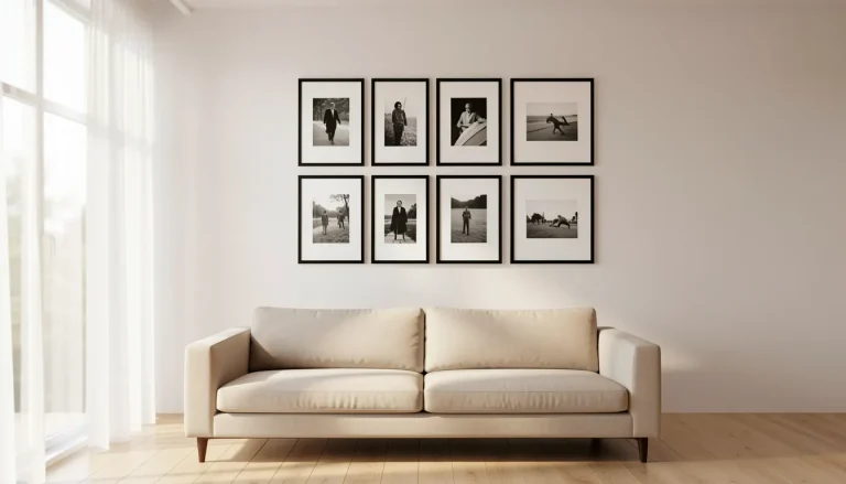 Mur de tableaux salon composition grille