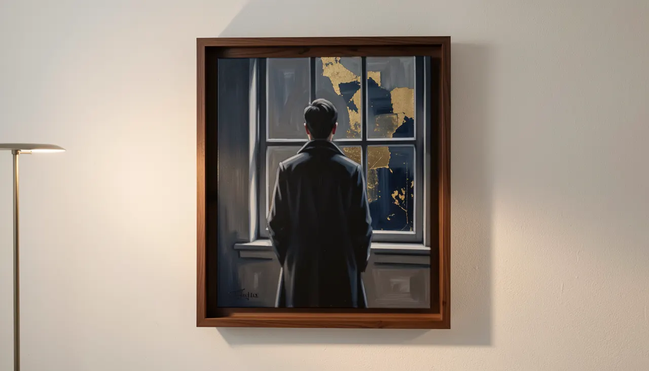 Portrait de dos flou aux tons bleu nuit dans un cadre bois sombre