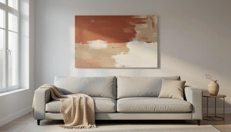 Grand tableau abstrait au-dessus d'un canapé gris clair