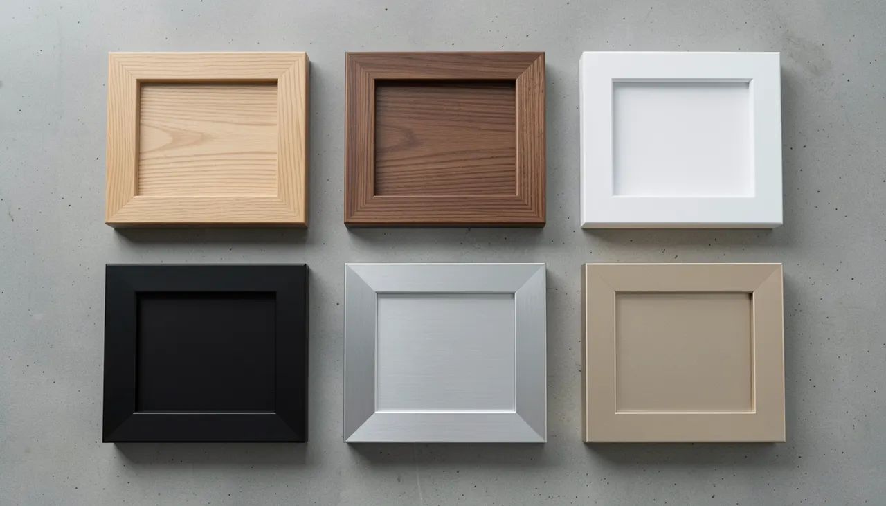 Frame finish options Wood finish samples on floating frame corners