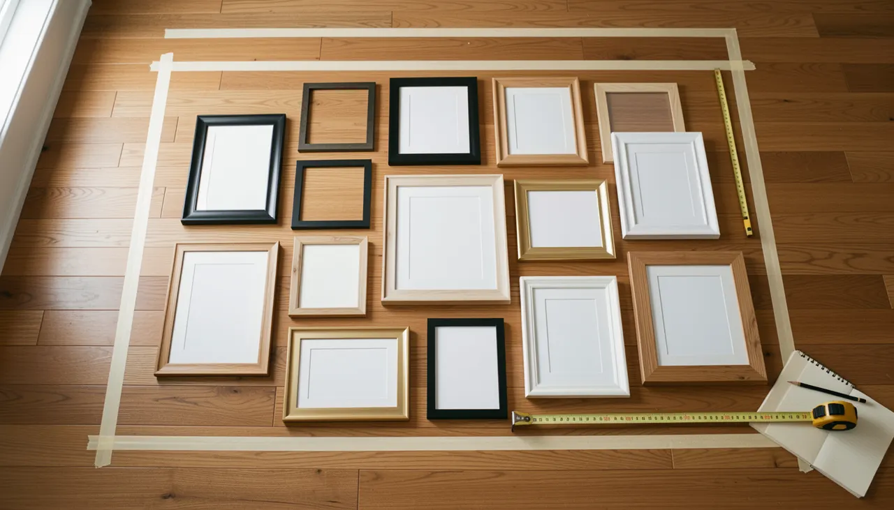 Gallery wall floor planning Floor layout of frames before hanging