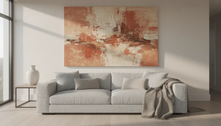 Large abstract canvas centered above a neutral sofa