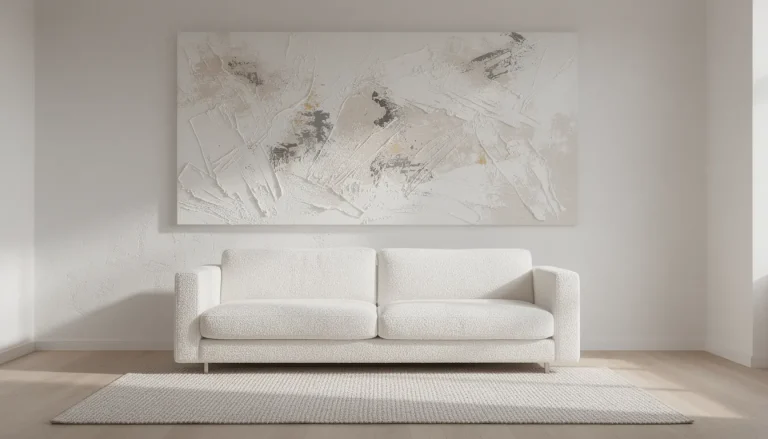Grand tableau abstrait texturé dans petit salon lumineux