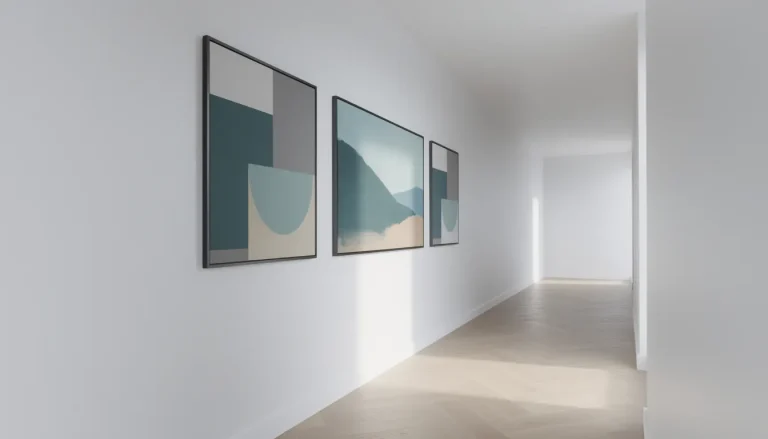 Long hallway with three framed artworks on white wall