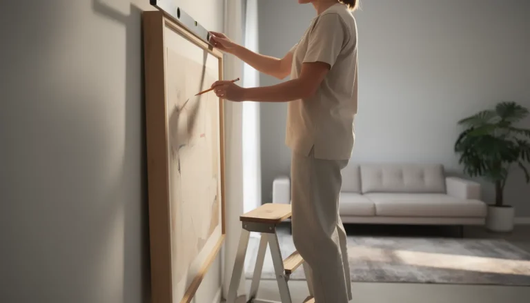 Person hanging a framed artwork on a wall