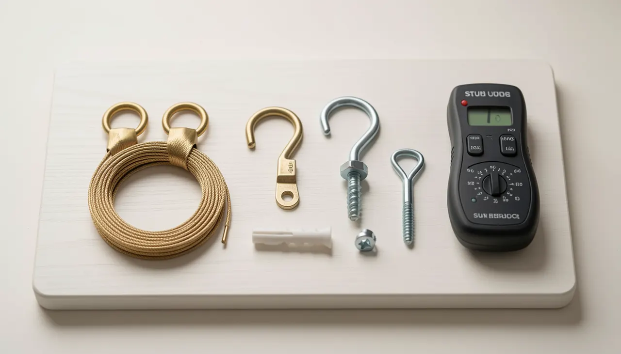 Assorted picture hanging hardware on wood surface