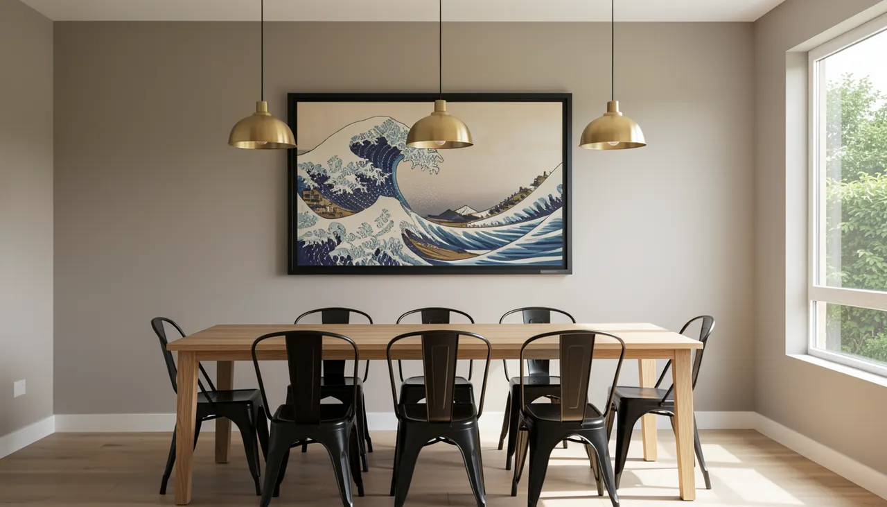 Great Wave large horizontal print in black float frame above dining table
