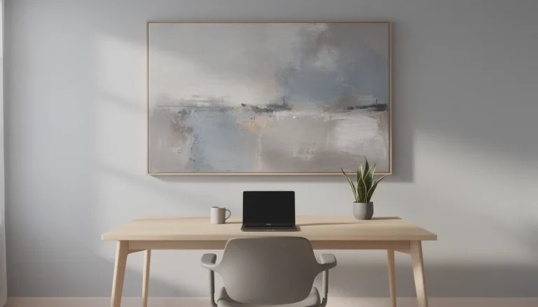 Clean home office with large abstract canvas above desk