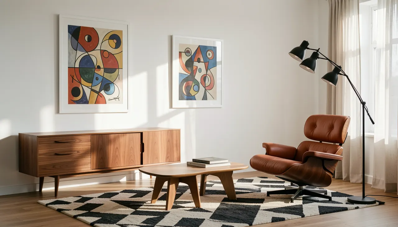 Composition VIII in white float frame mid-century modern living room