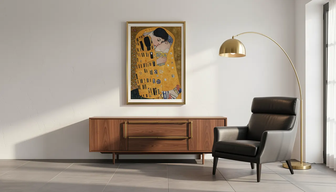 The Kiss in gold float frame on white wall near brass floor lamp