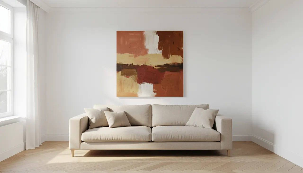 Salon scandinave avec grande toile abstraite aux tons terre