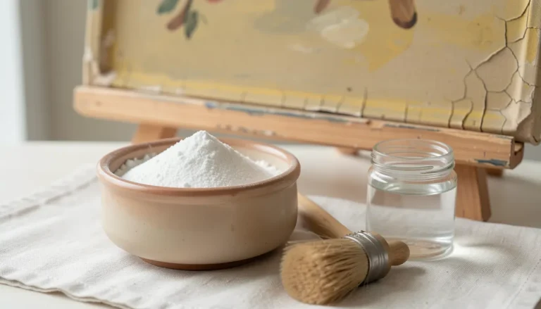 Pot de blanc d'Espagne ouvert près d'un tableau ancien sur chevalet