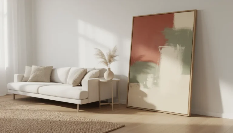 Large framed art leaning on floor against wall near sofa