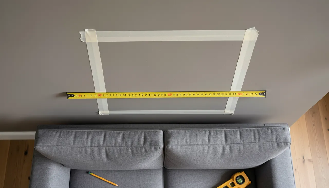 Measuring tape on wall marking artwork dimensions above sofa