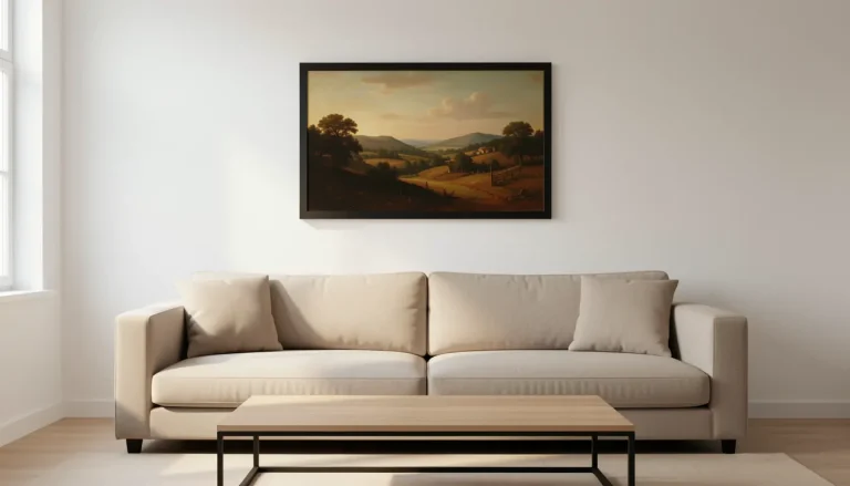Toile classique dans cadre flottant noir sur mur blanc au-dessus d'un canapé moderne