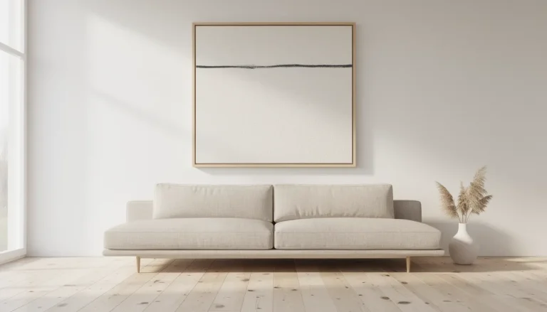 Large minimalist canvas above a beige sofa in a bright living room