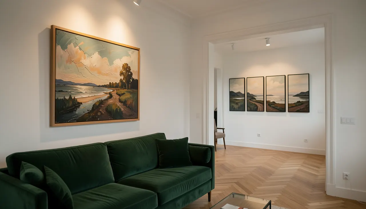 Mise en scène budget déco salon couloir Salon avec grand tableau original au-dessus du canapé et série de toiles imprimées dans le couloir