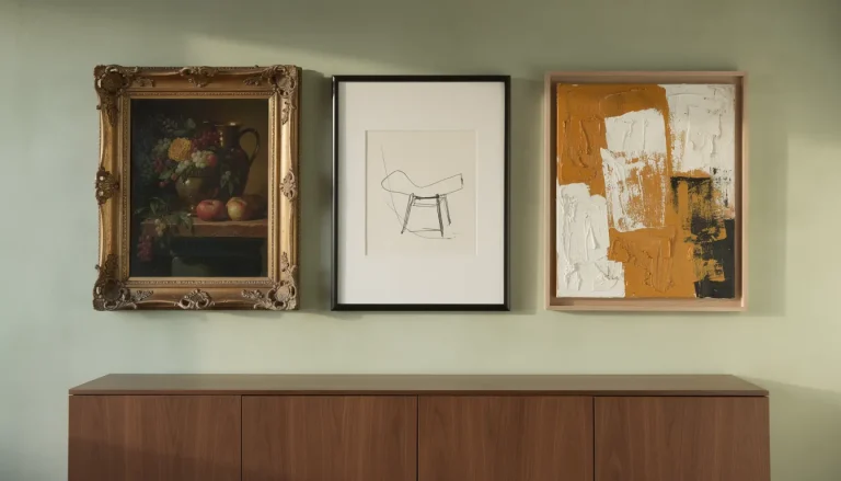 Mur de galerie éclectique au-dessus d'un buffet