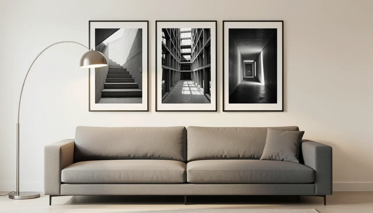 Triptyque noir et blanc architecture aligné au-dessus d'un canapé gris