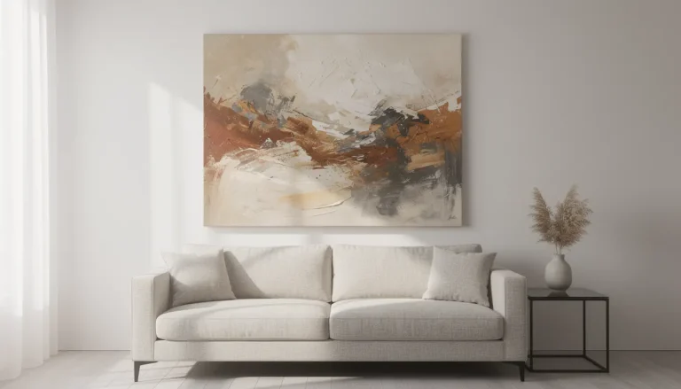 Large abstract painting above a beige sofa in a bright living room