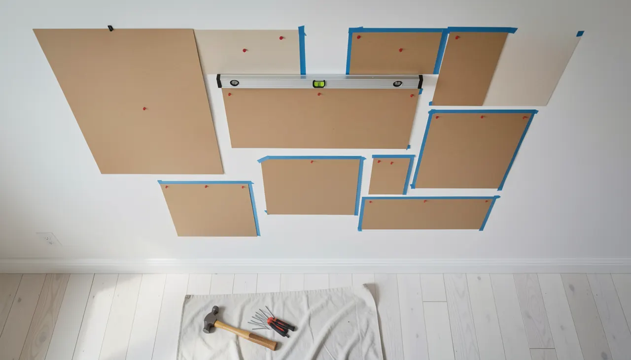 Paper templates taped to wall for gallery layout