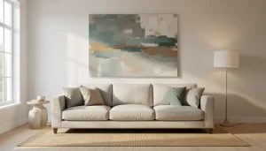 Large abstract painting centered above sofa