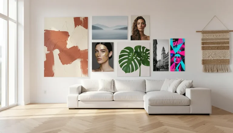 Grand salon lumineux avec plusieurs tableaux aux styles variés au mur