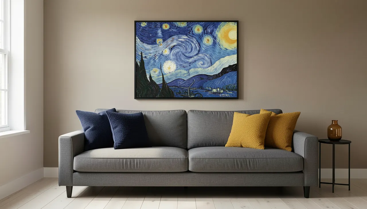 Starry Night reproduction in black float frame above gray sofa