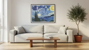Modern living room with large framed Starry Night reproduction above sofa