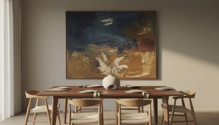 Large abstract painting above dining table