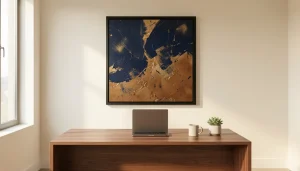 Grand tableau abstrait bleu et or au-dessus d'un bureau design