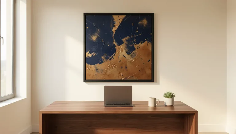 Grand tableau abstrait bleu et or au-dessus d'un bureau design