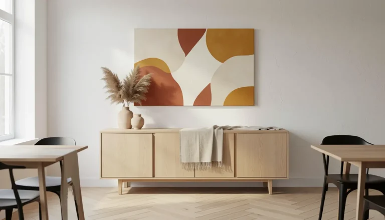 Grande toile horizontale aux tons ocre au-dessus d'un buffet en bois clair