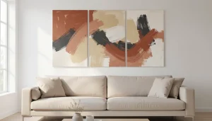 Triptyque abstrait au-dessus d'un canapé beige
