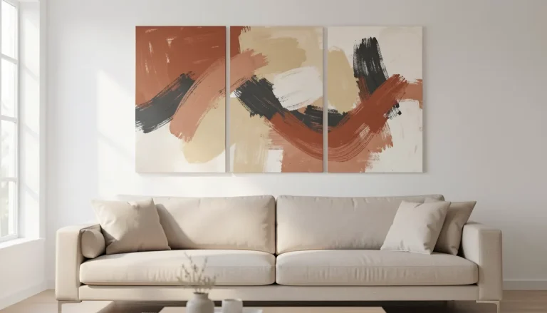 Triptyque abstrait au-dessus d'un canapé beige