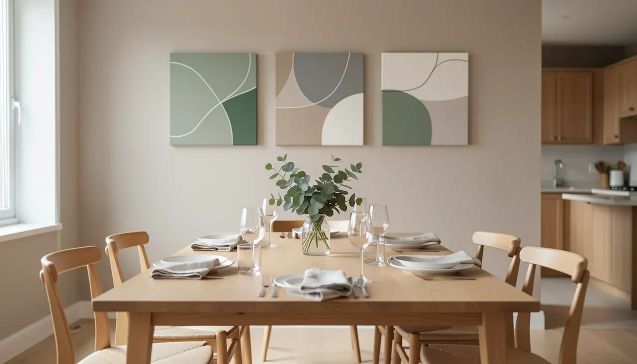 Triptyque de trois toiles carrées au-dessus d'une table de repas