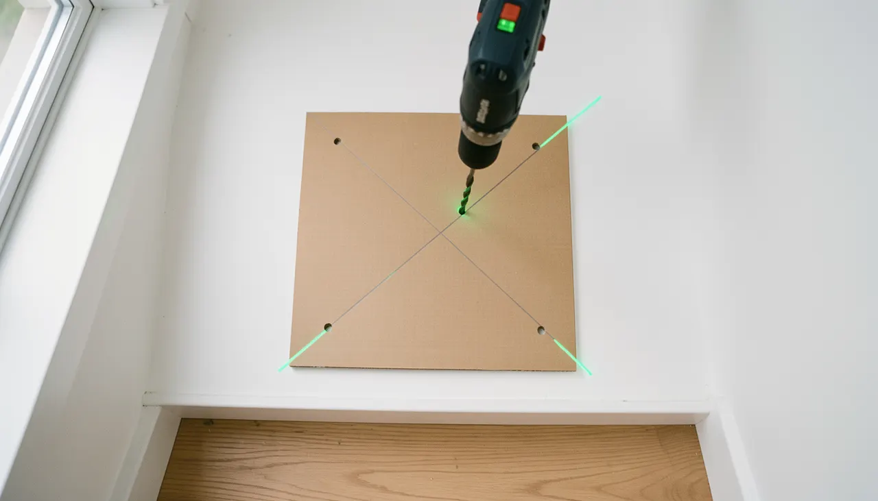 Utilisation d'un gabarit pour percer juste Gabarit carton posé sur mur pour perçage