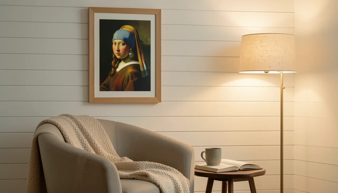 Girl with Pearl Earring in oak float frame on reading nook wall