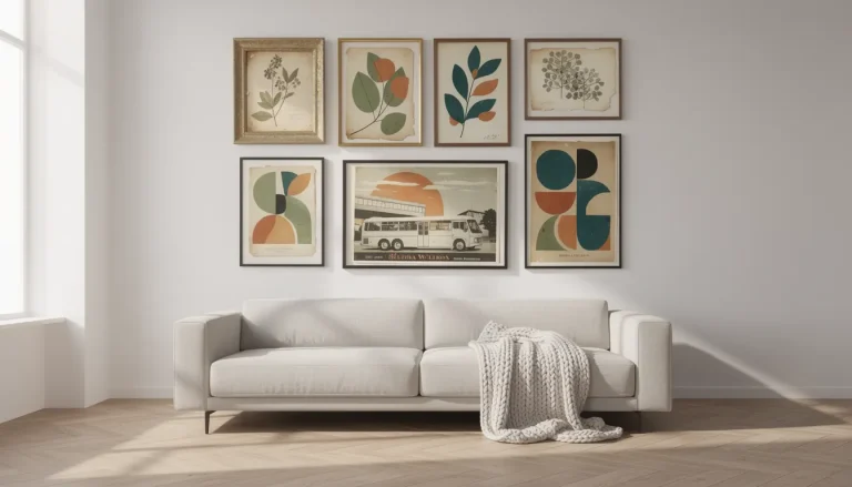 Gallery wall with vintage botanical prints and ornate frames