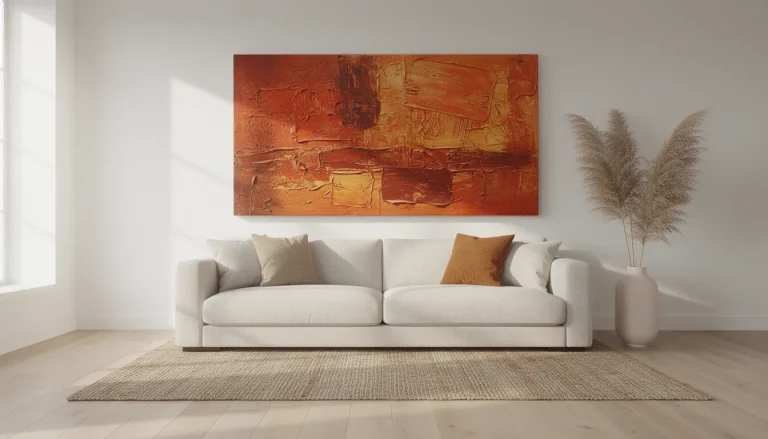 Living room with large abstract wall art in warm tones